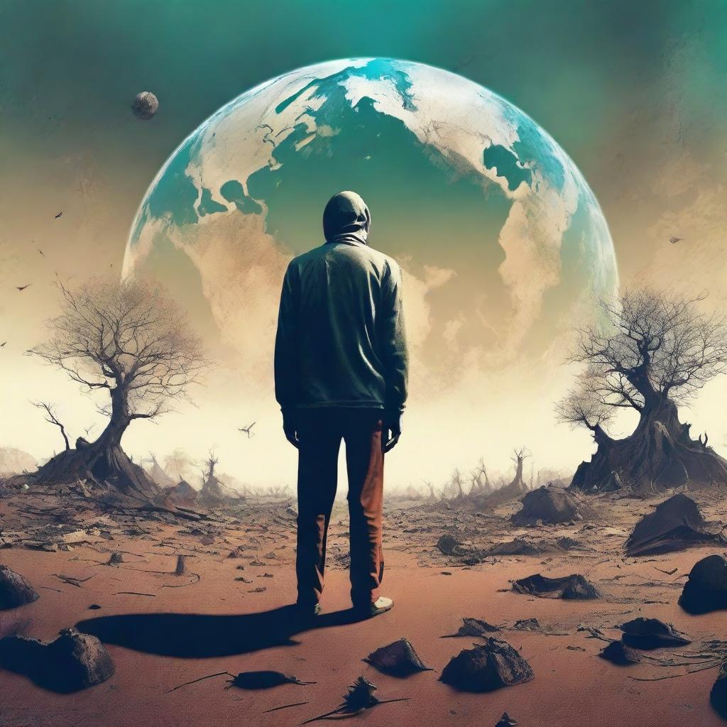 A forlorn human standing before a damaged Planet Earth. Mother Nature, seemingly disappointed and overseeing everything, confronts the human, encapsulating the desperate need for ecological responsibility.