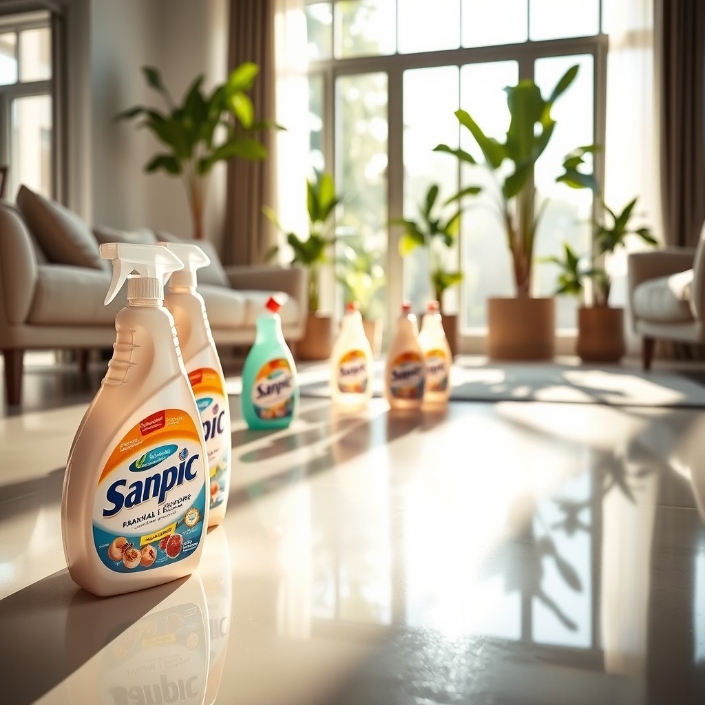A clean and shiny floor with the Sanpic cleaning products prominently featured in the foreground