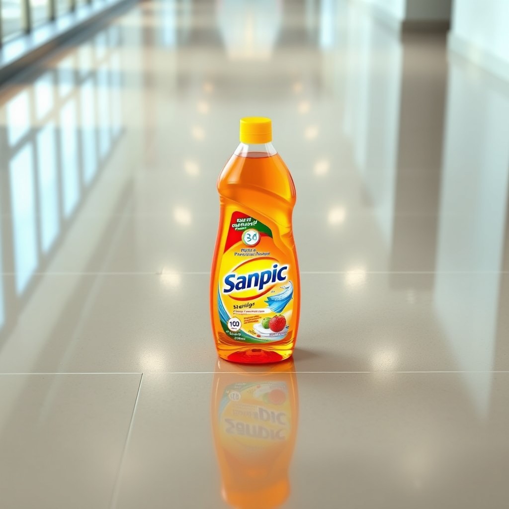 Promotional image for Sanpic floor cleaning liquid, showcasing the vibrant liquid bottle prominently in the center
