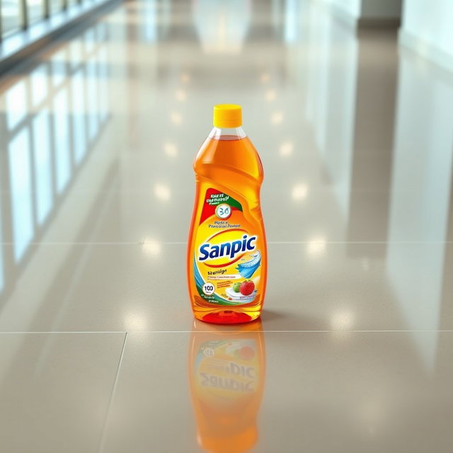 Promotional image for Sanpic floor cleaning liquid, showcasing the vibrant liquid bottle prominently in the center