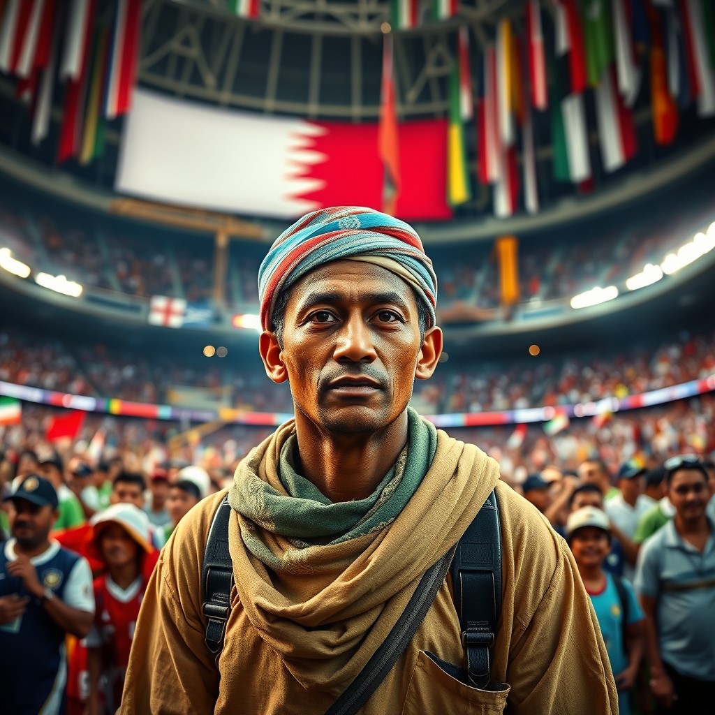 A powerful and evocative scene depicting a migrant worker at the Qatar 2022 World Cup