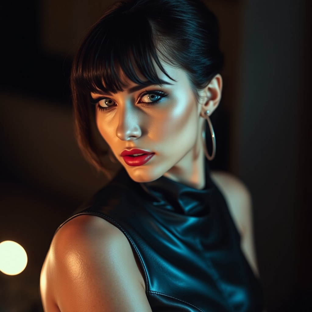 A bold and artistic depiction of a woman dressed in chic leather attire that accentuates her form, highlighting the beauty of the leather against her skin