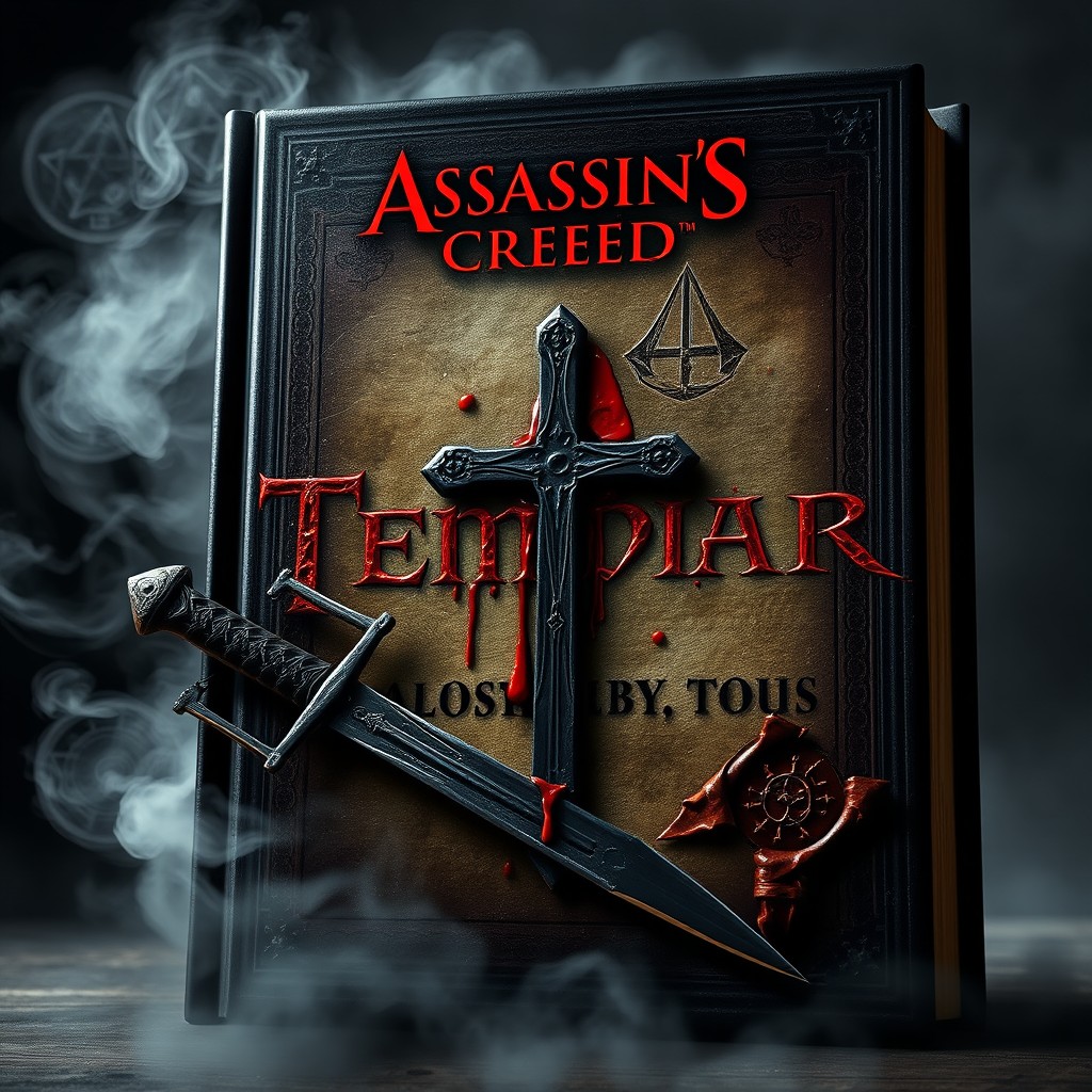 A photorealistic dark book cover featuring a bleeding Templar cross on charred parchment, with a broken sword beside it