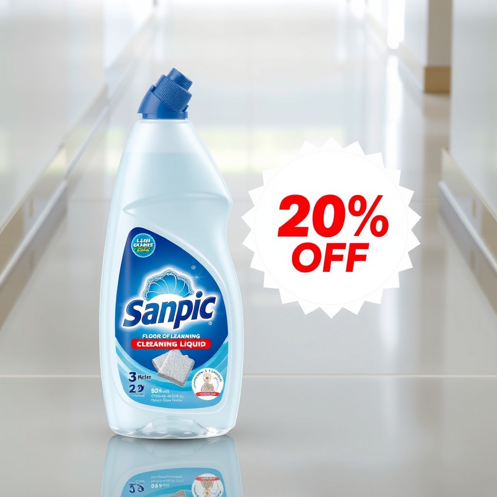 Promotional image for Sanpic floor cleaning liquid featuring the product prominently displayed