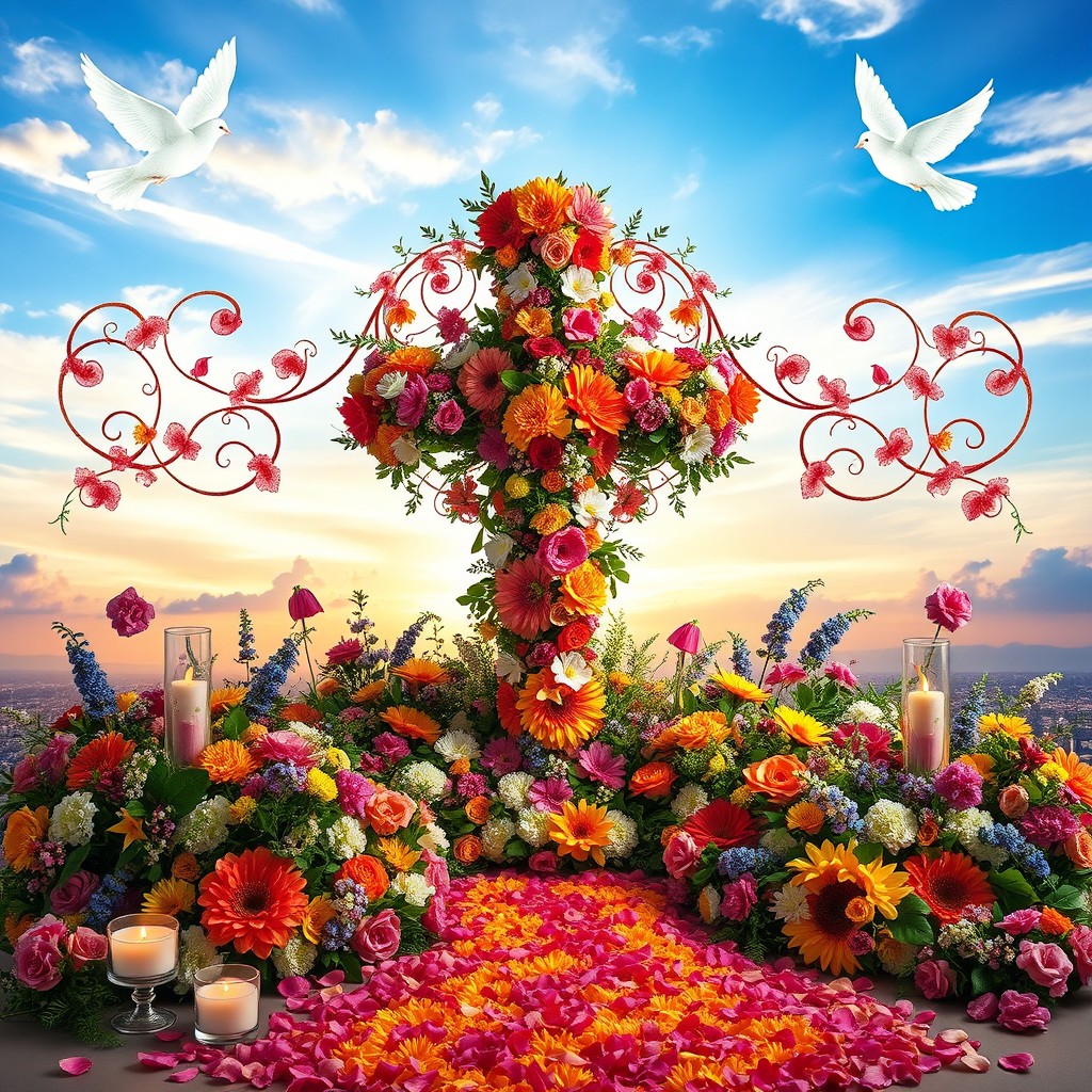 An enchanting floral arrangement for an infiorata celebration themed around hope, titled 'Pellegrini di Speranza'