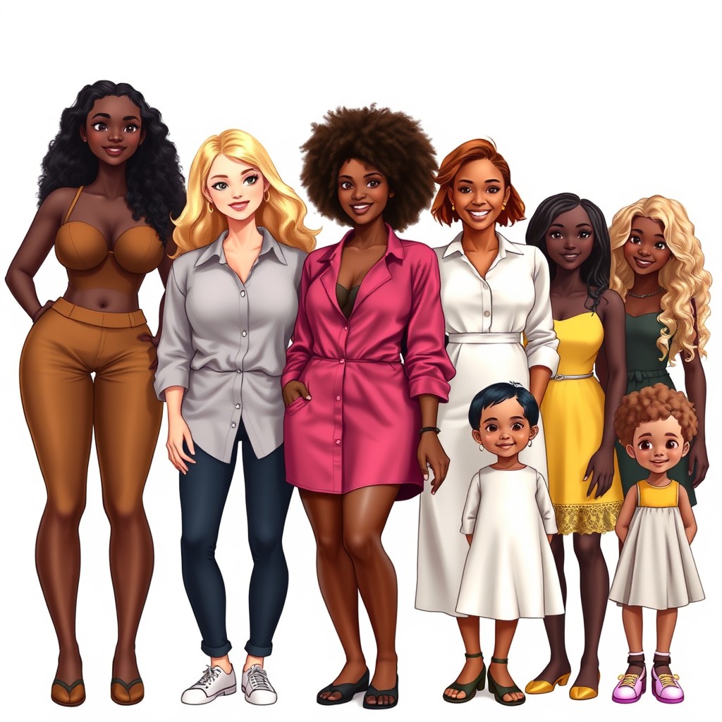 A tall, dark-skinned girl with a large chest, standing confidently