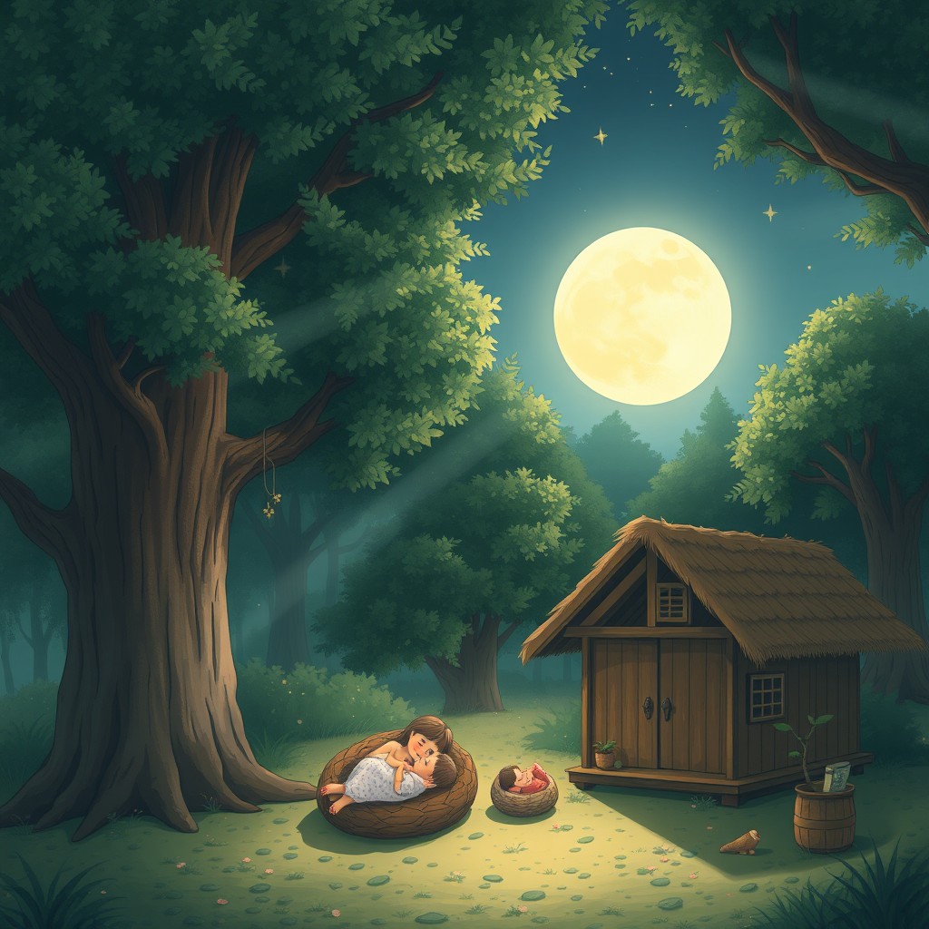 A serene night in a tranquil forest village, featuring two charming huts nestled among giant trees