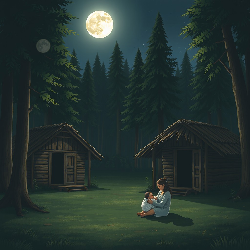 A serene night in a tranquil forest village, featuring two rustic huts nestled among tall trees