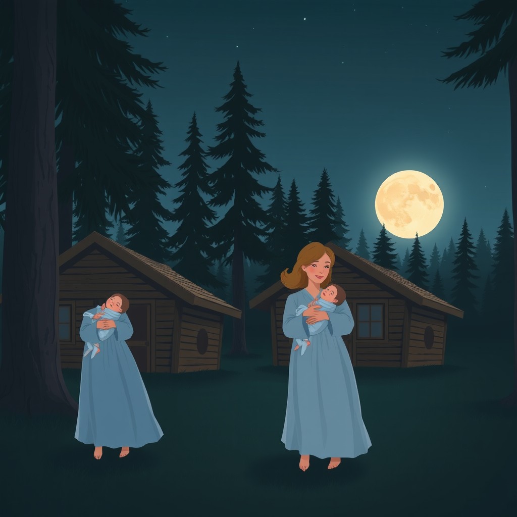 A serene night scene in a tranquil forest village, featuring two cozy wooden huts nestled among tall trees