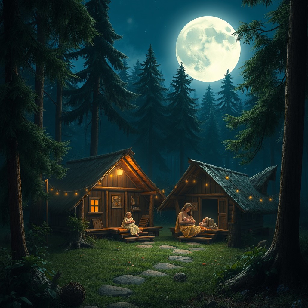 A serene night in a tranquil forest village, with two charming huts nestled among towering trees