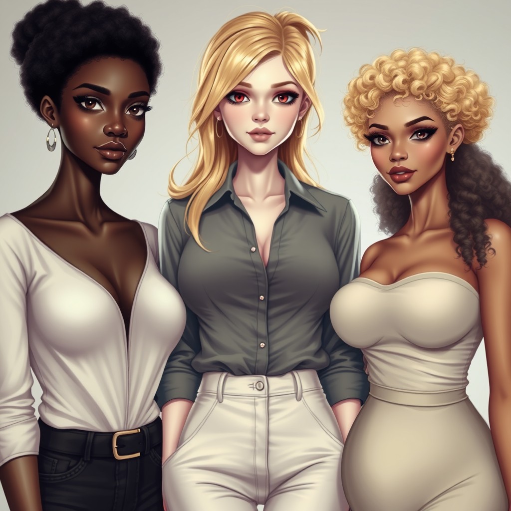 A realistic depiction of three girls, embodying traits reminiscent of real life
