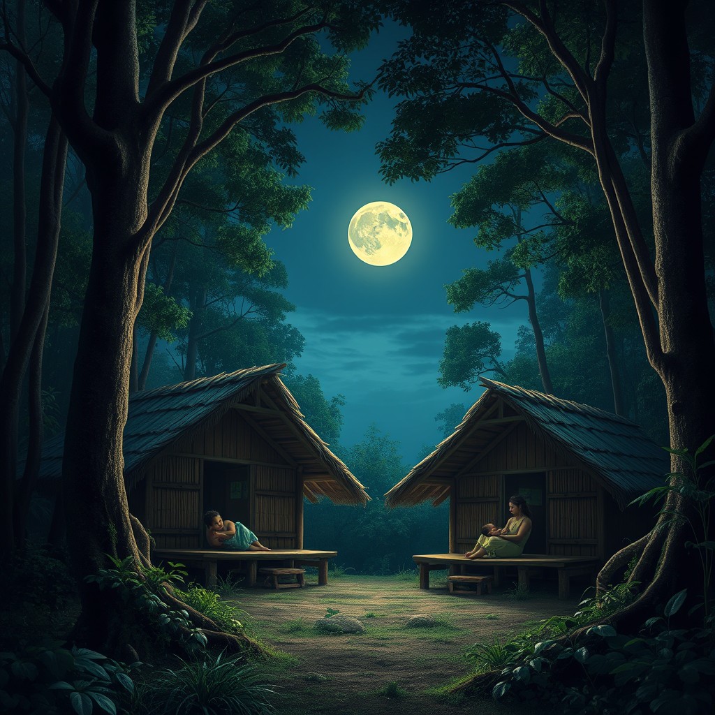 A serene night in a picturesque forest village of the Lokono tribe, featuring two traditional huts nestled among towering trees