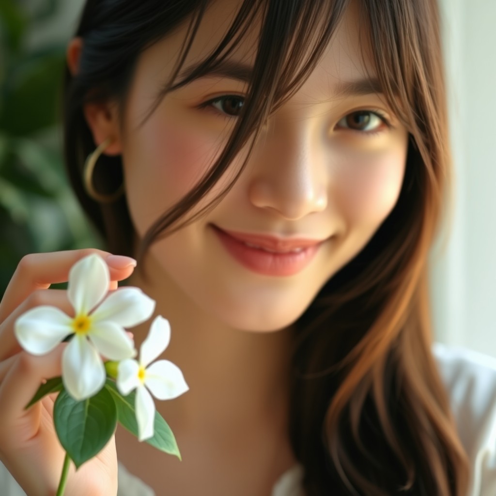 A woman with innocent features smiling, holding a jasmine flower in her hand