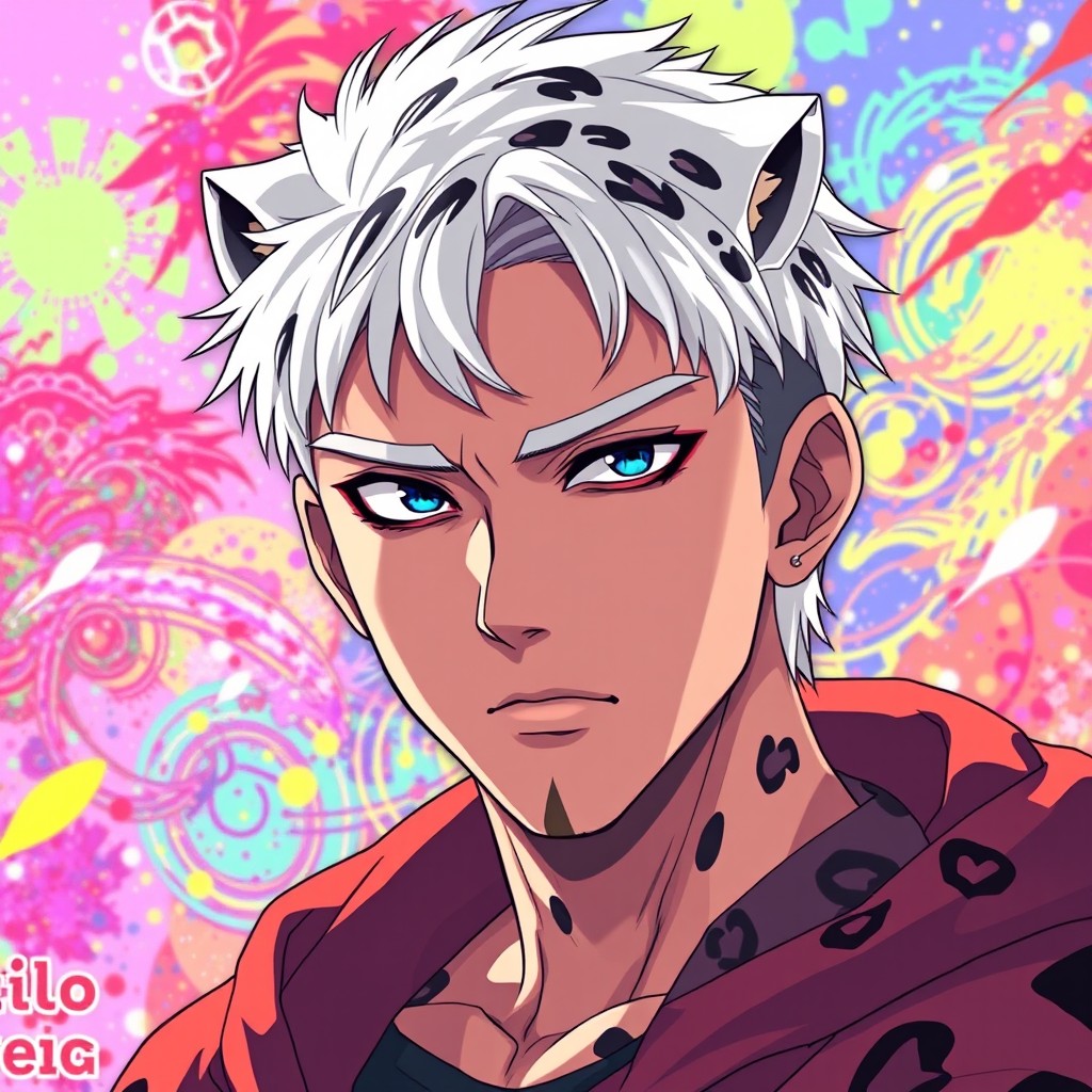 Anime portrait of a male character with short white hair patterned like a snow leopard, preserving the original colors, shadows, and facial expression while incorporating the vibrant background style typical of the Dandadan intro