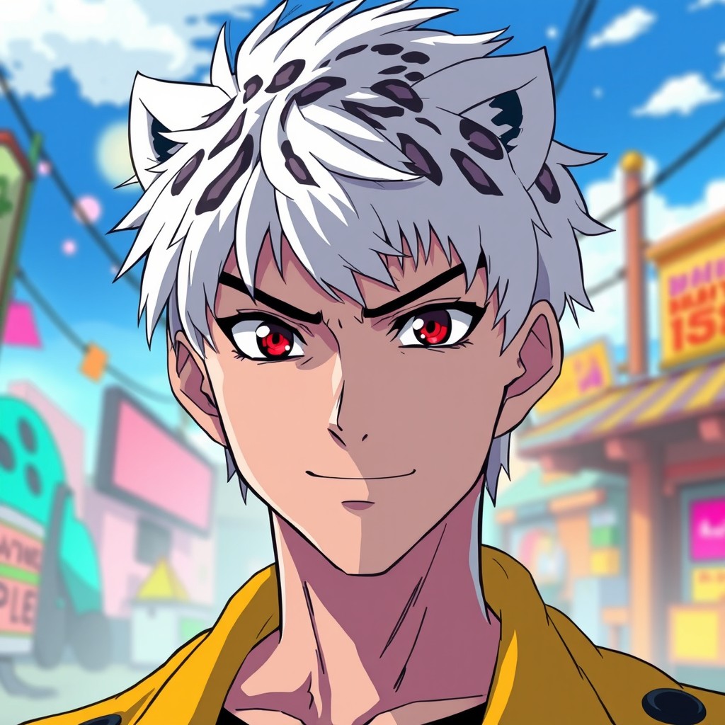 Anime portrait of a male character with short white hair patterned like a snow leopard, maintaining the vibrant colors and dynamic shadows typical of the Dandadan intro