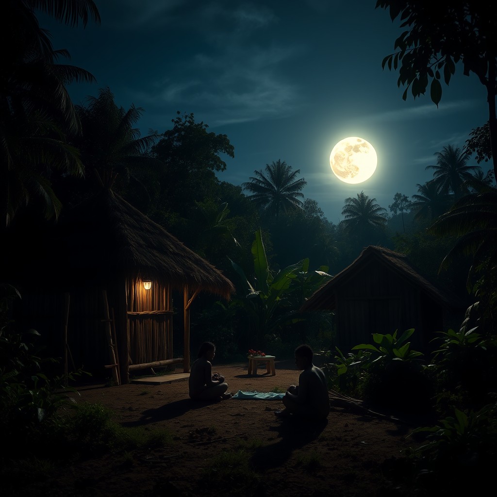 A serene night in a peaceful forest village, showcasing two traditional huts surrounded by a dense, lush landscape
