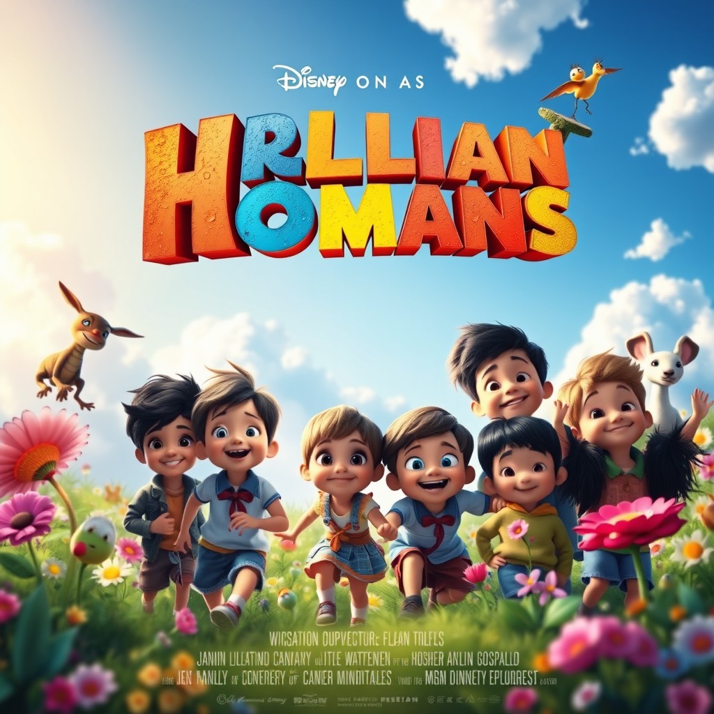 A vibrant and whimsical movie poster featuring a diverse group of children, each with unique personalities and expressions, embarking on an adventurous journey