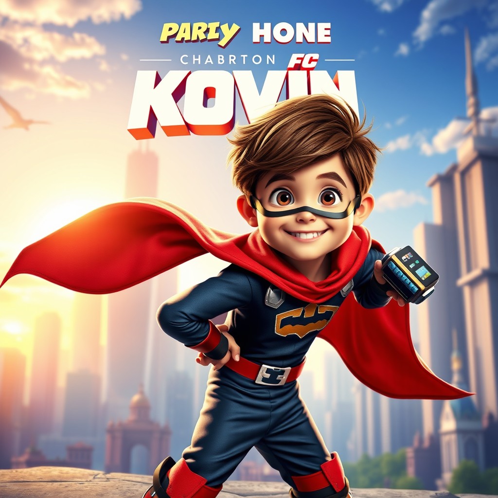 A vibrant and colorful movie poster featuring a heroic kid with a confident stance, wearing a stylish superhero costume, complete with a flowing cape