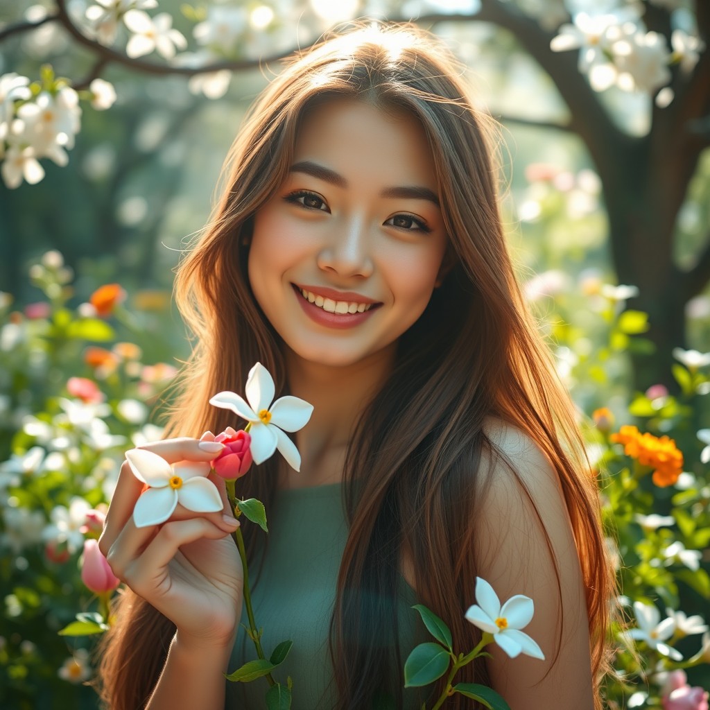 A beautiful woman with innocent features, smiling warmly while holding a jasmine flower in her hand