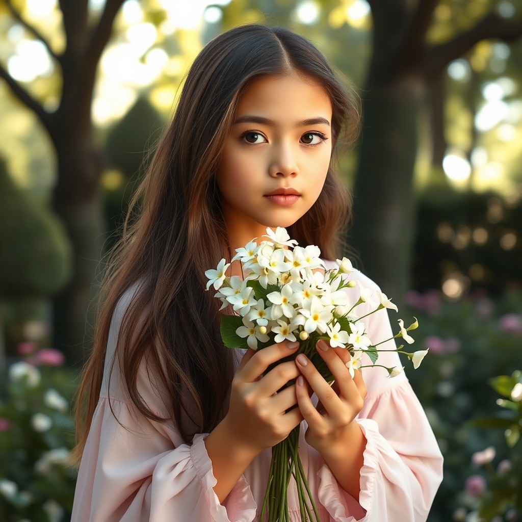 A full-body portrait of a woman with innocent features, holding a bouquet of jasmine flowers in her hands