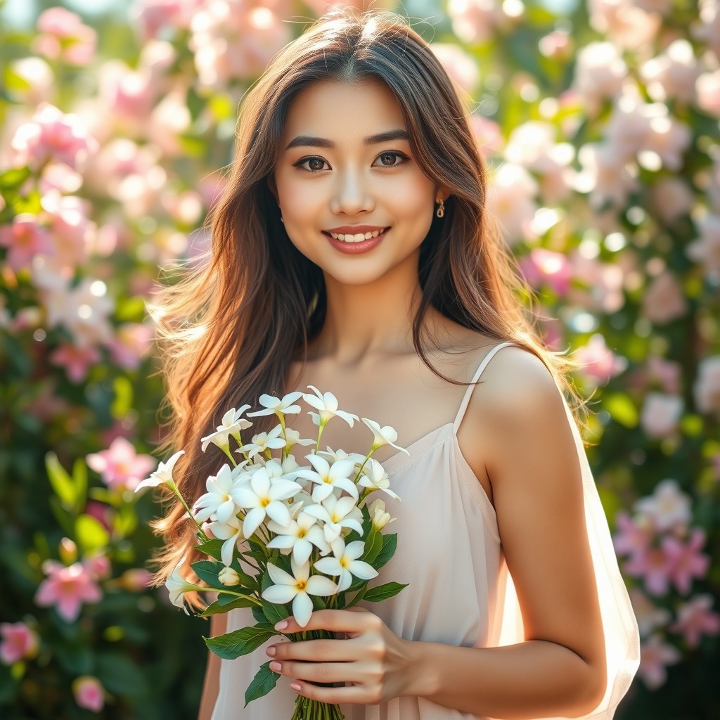 A full-body image of a beautiful woman with innocent features holding a bouquet of jasmine flowers in her hand