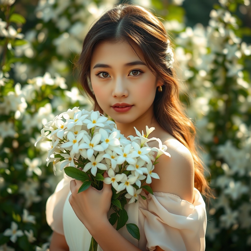 A beautiful woman with innocent features holding a bouquet of jasmine flowers