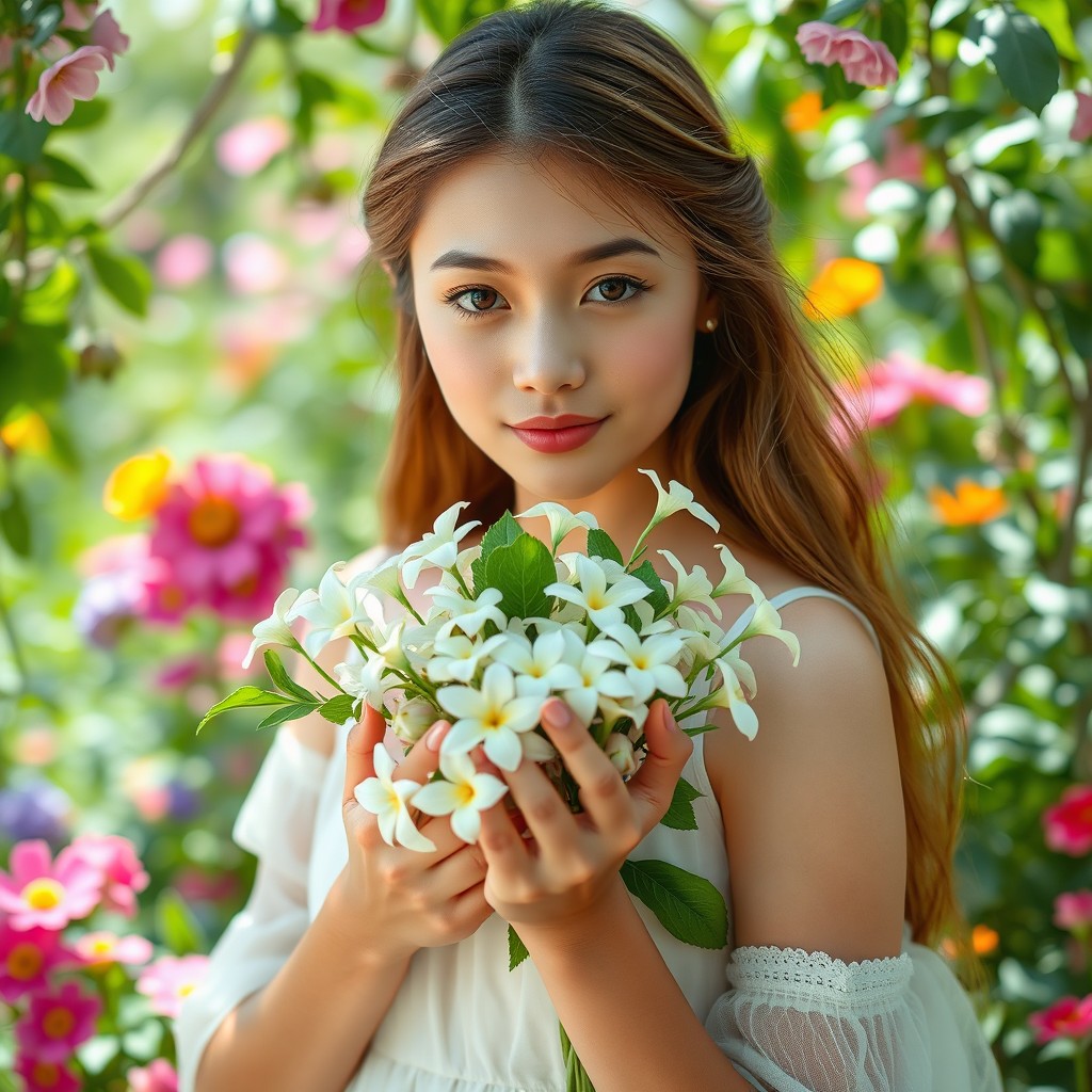 A beautiful woman with innocent features, holding a bouquet of jasmine flowers in her hands