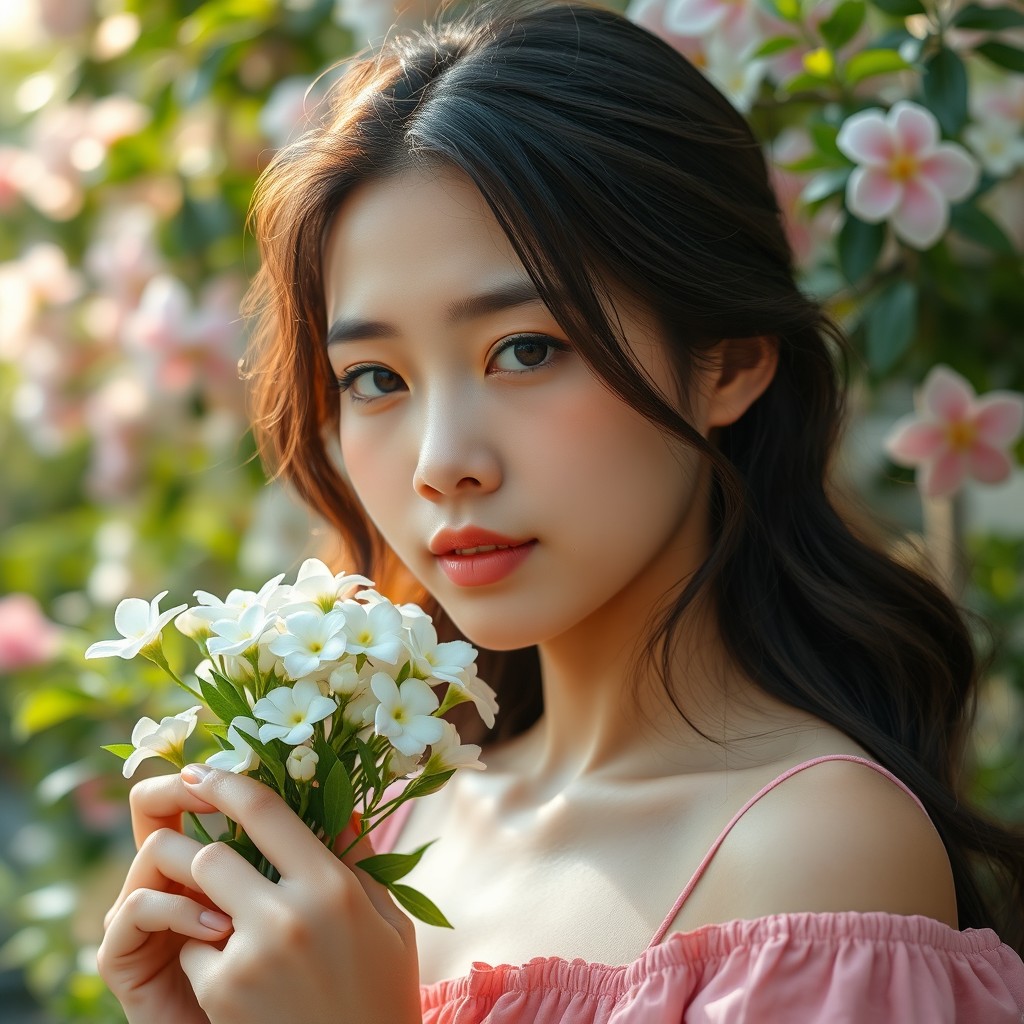A full-body portrait of a woman with innocent features, holding a bouquet of jasmine flowers delicately in her hand
