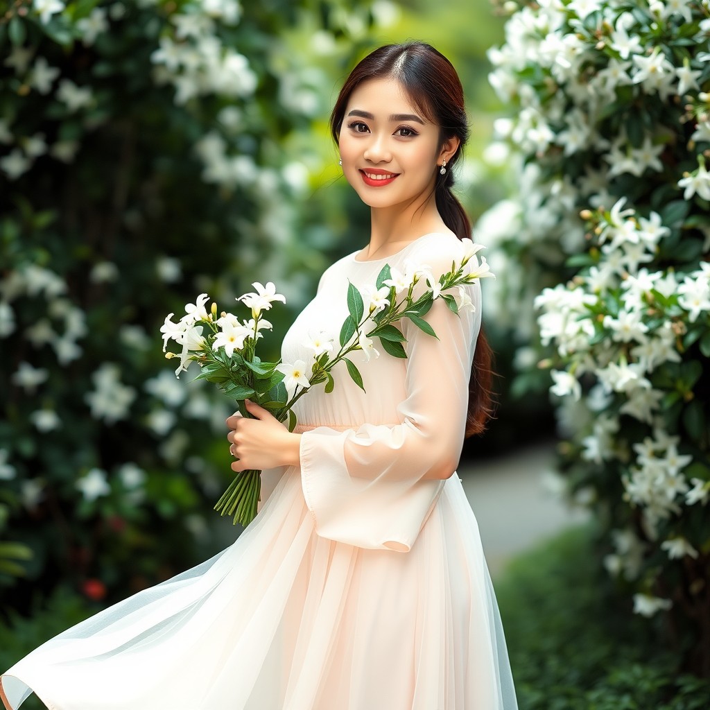A full-body portrait of a woman with innocent features, standing elegantly while holding a bouquet of jasmine flowers