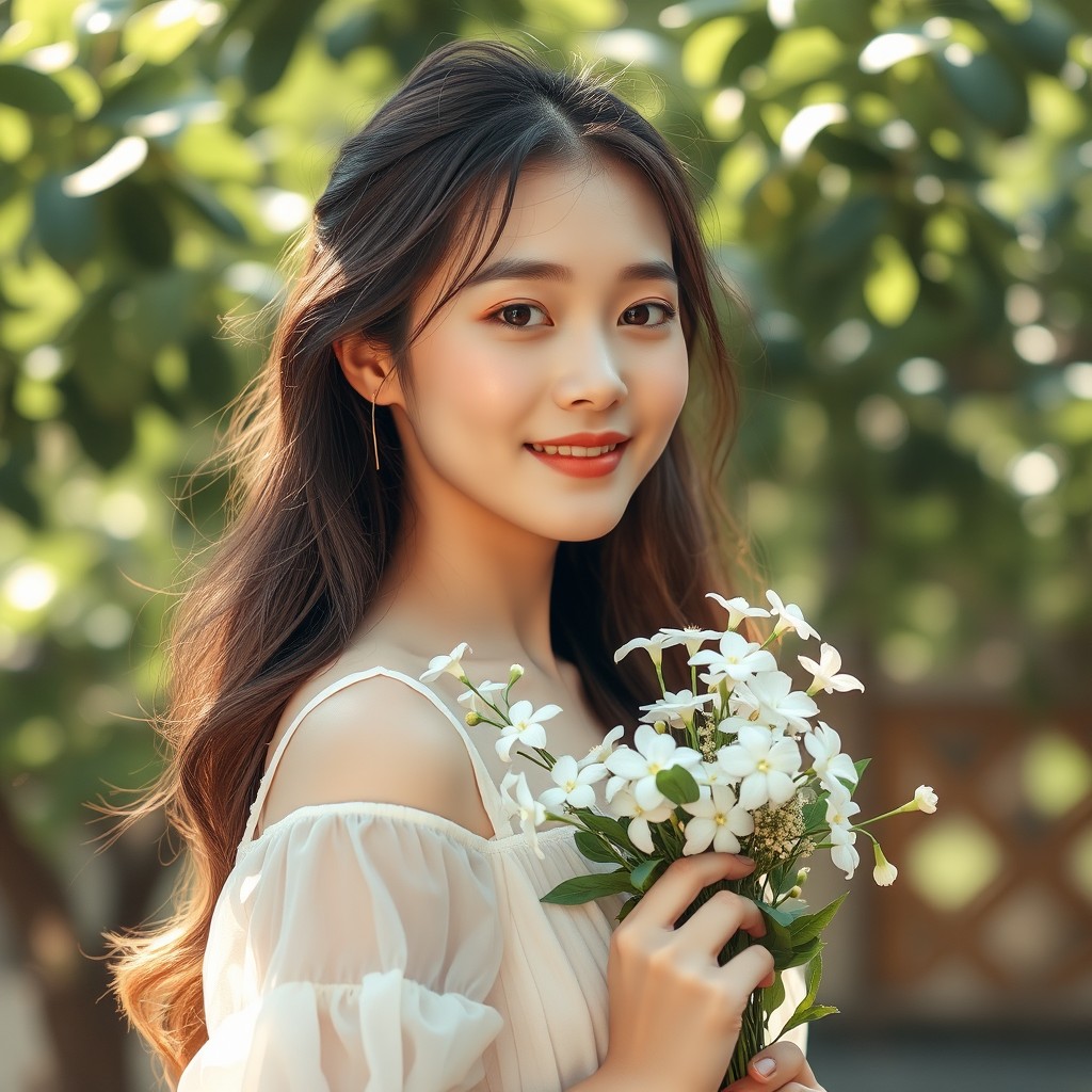 A complete image of a woman with innocent features, holding a bouquet of jasmine flowers delicately in her hand