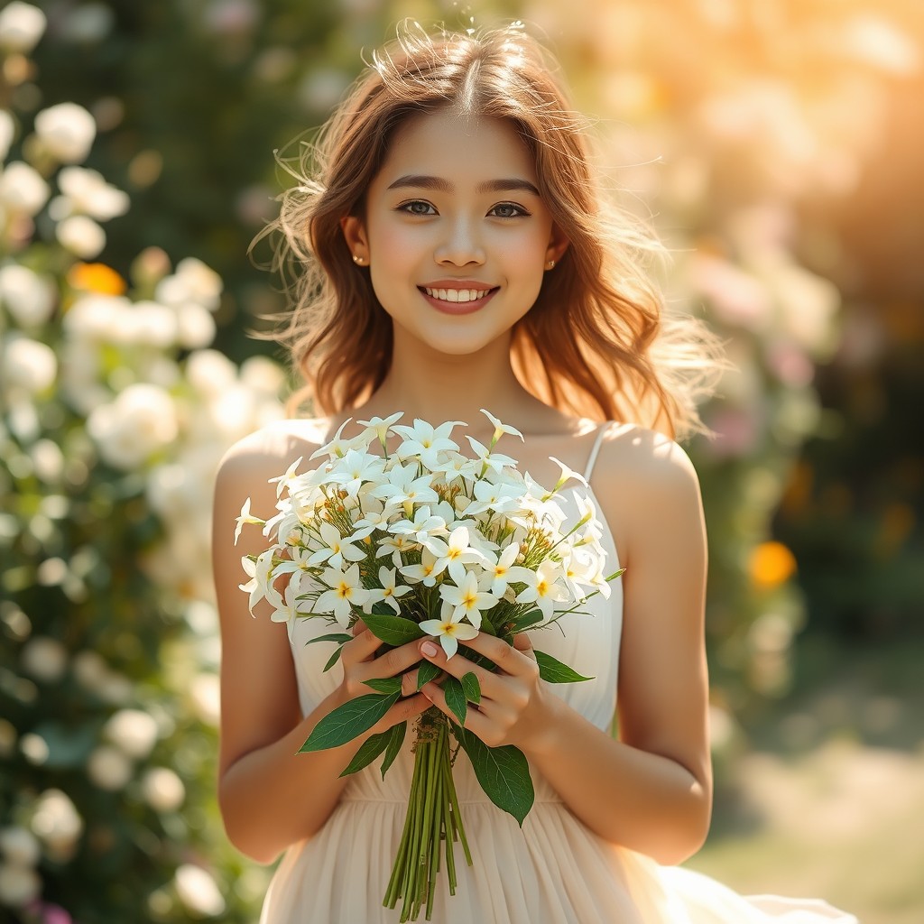A full-body portrait of a woman with innocent features, joyfully holding a bouquet of jasmine flowers in her hands