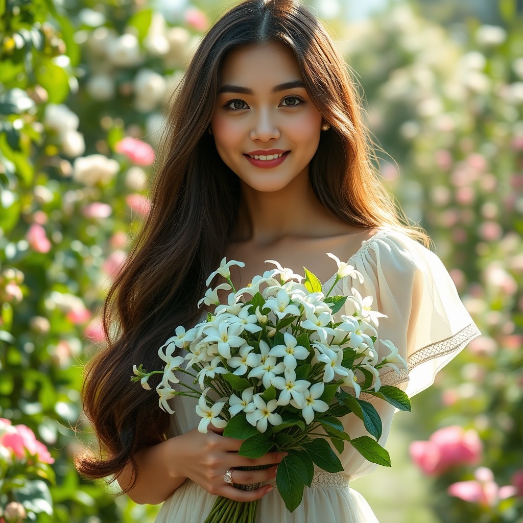 A full-body portrait of a woman with innocent features, gently holding a bouquet of jasmine flowers