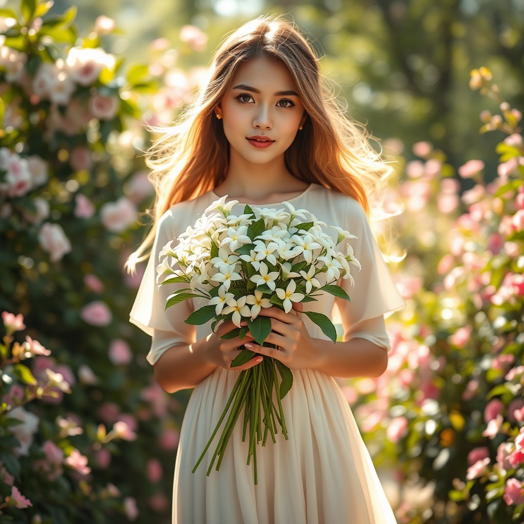 A full-body image of a woman with innocent features, holding a bouquet of jasmine flowers in her hands
