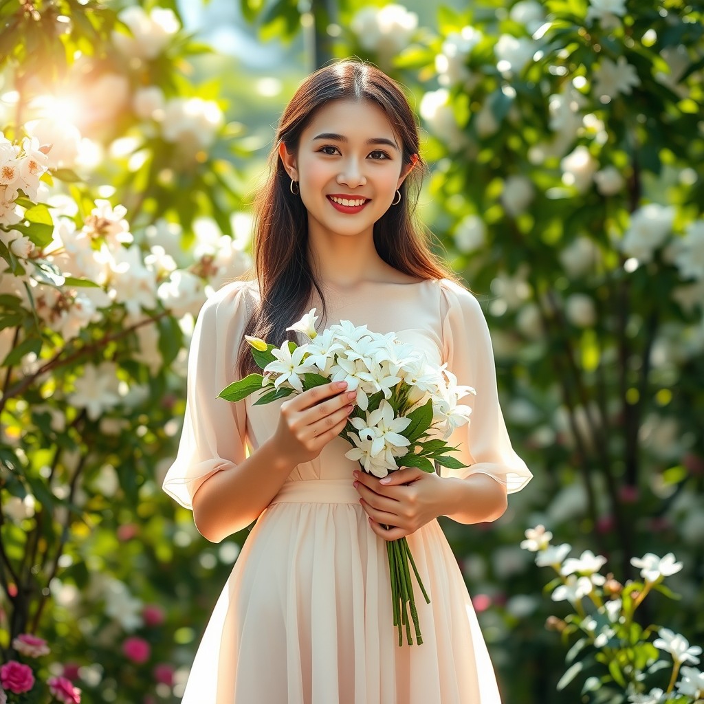 A full-body portrait of a woman with innocent features, smiling softly and holding a bouquet of jasmine flowers in her hands