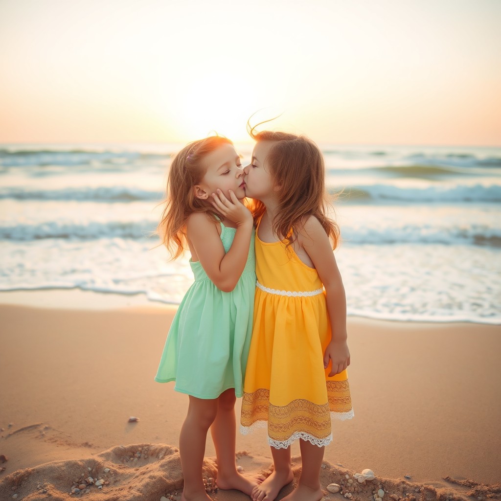 Two young girls sharing a sweet kiss on a sandy beach, with the ocean waves softly crashing in the background