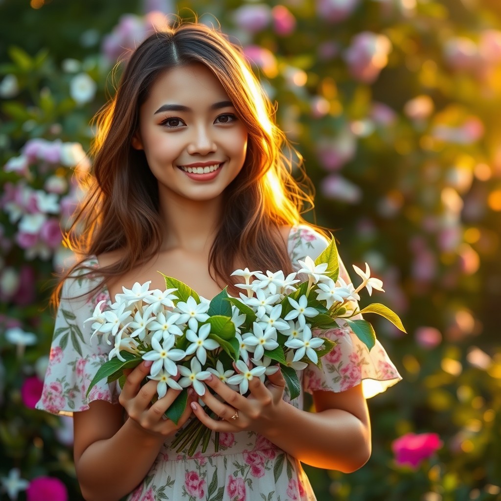 A beautiful woman with innocent features, standing gracefully while holding a bouquet of jasmine flowers in her hands