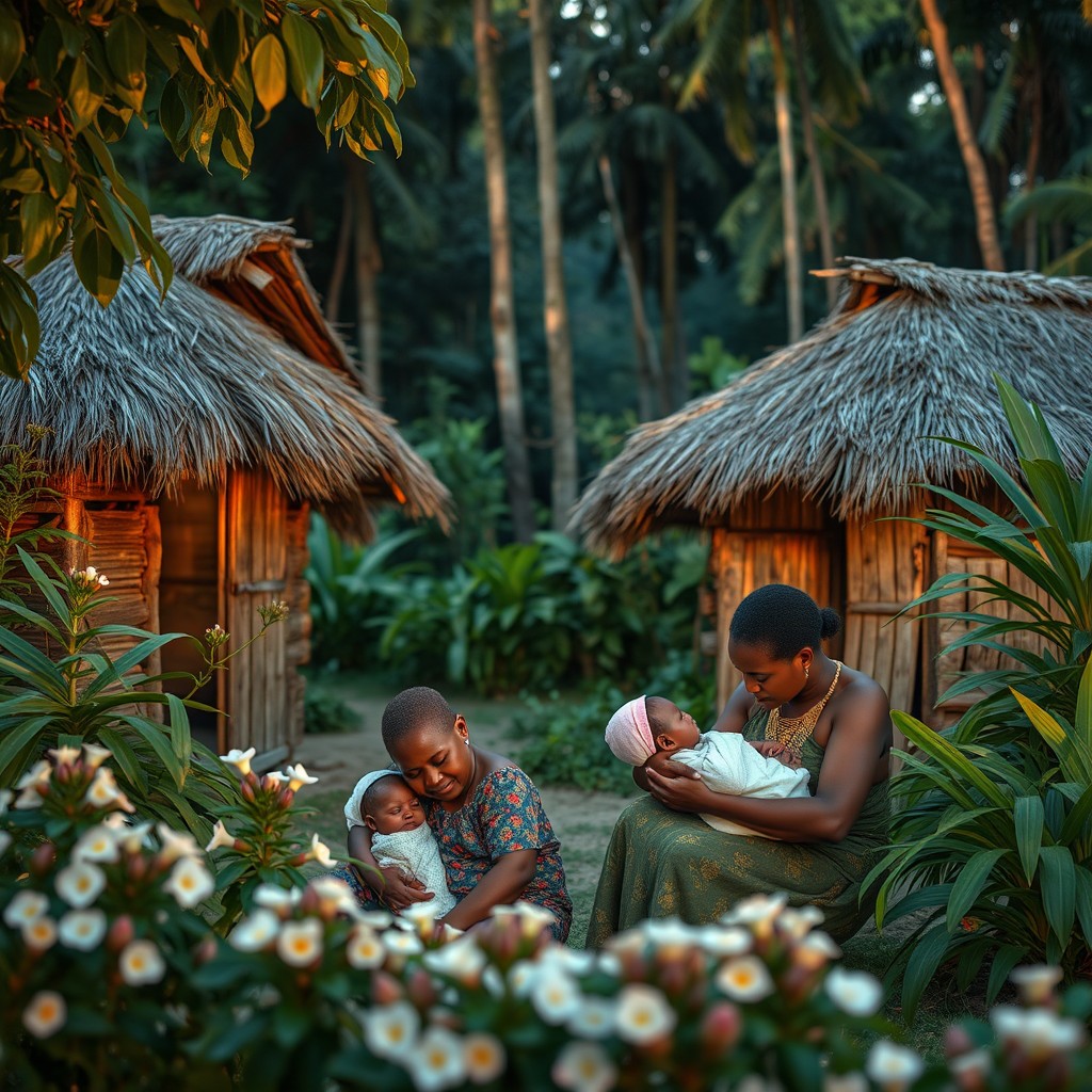 A beautiful evening in a serene forest village, featuring two traditional huts surrounded by vibrant greenery