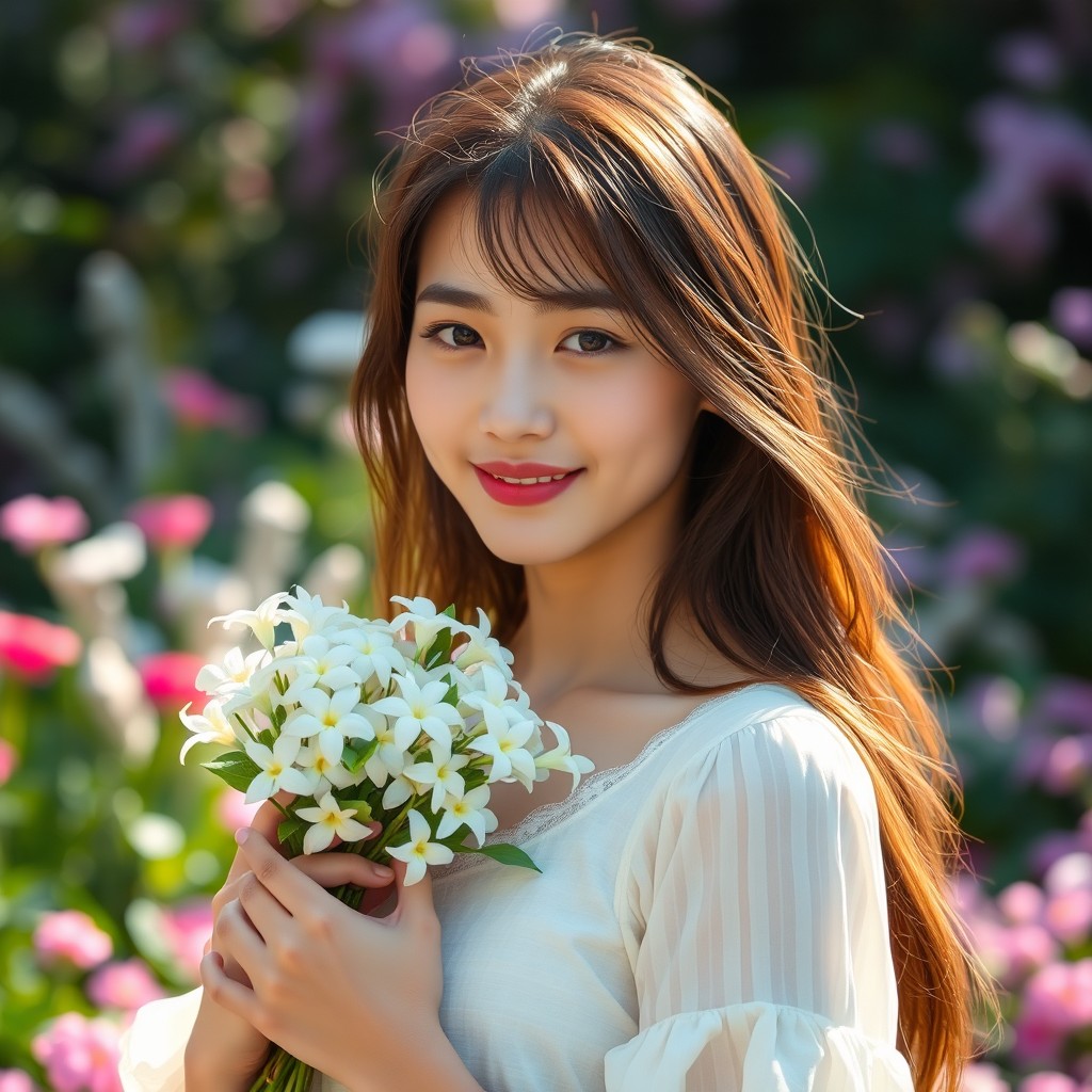 A full-body portrait of a woman with innocent features, gracefully holding a bouquet of jasmine flowers