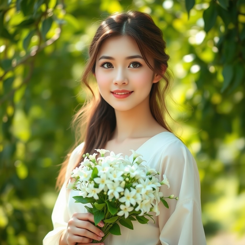 A beautiful portrait of a woman with innocent features, holding a bouquet of jasmine flowers in her hand