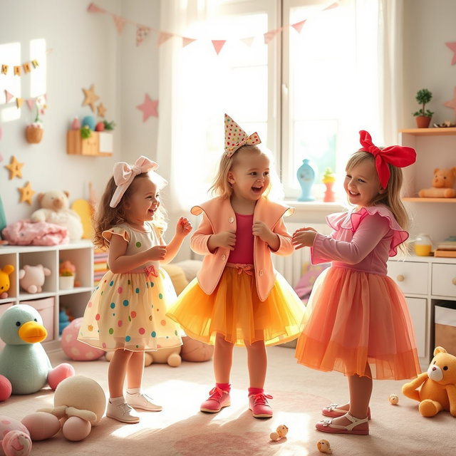 A serene and playful scene in a bright, colorful children's room, with two young girls dressed in vibrant, whimsical outfits, joyfully sharing and trying on clothes in a fun, innocent manner