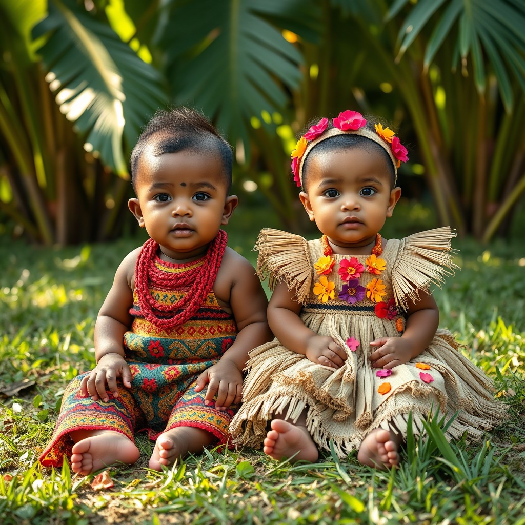 A boy baby and a girl baby dressed in traditional Lokono Arawak attire