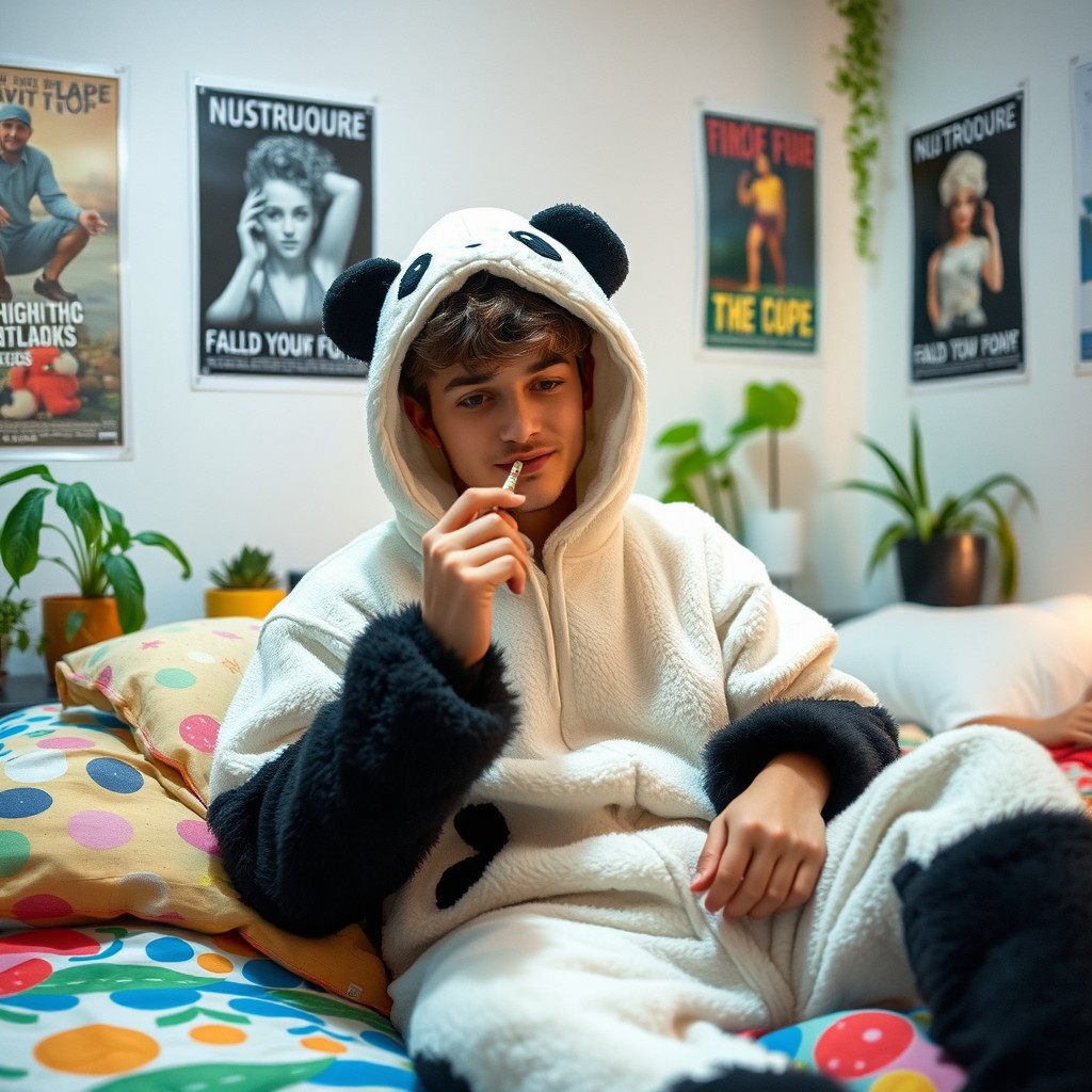 A young man wearing a cute panda suit, sitting comfortably on his bed and casually smoking a joint