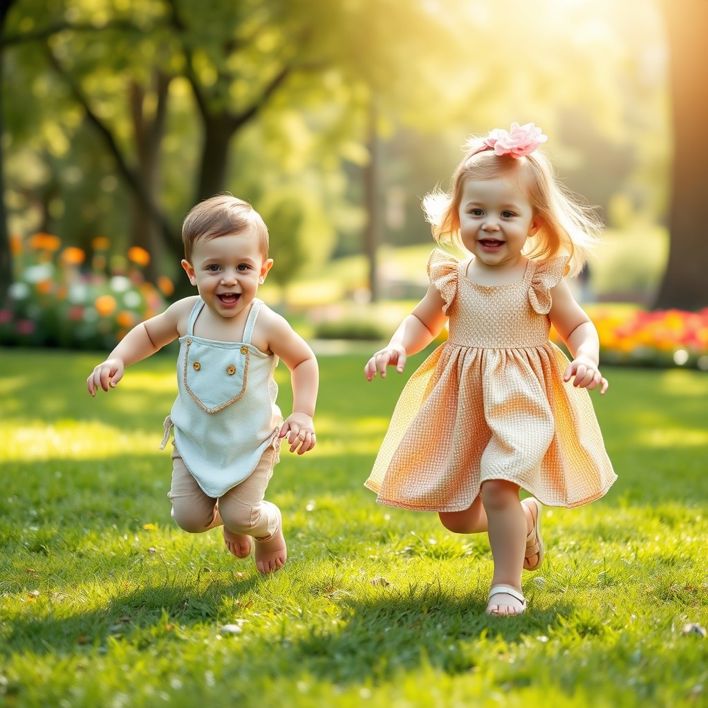 A joyful scene of a baby boy and baby girl running together in a sunny park