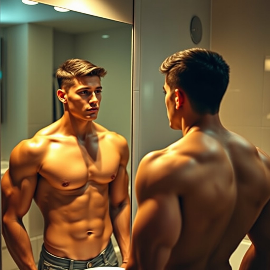 A young man with a well-defined six-pack abs gazing at his reflection in a modern bathroom mirror
