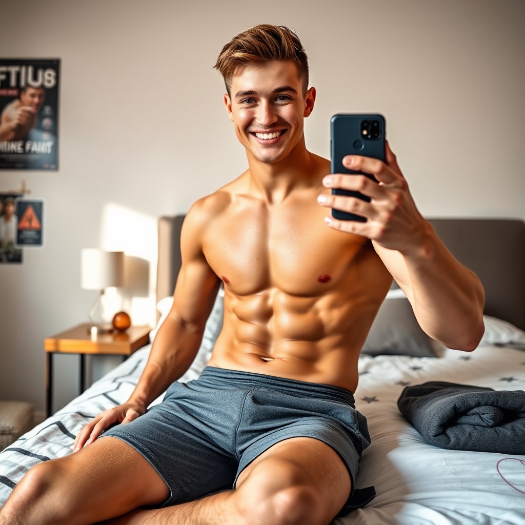A young man with a well-defined six-pack abs, sitting comfortably on his bed while taking selfies