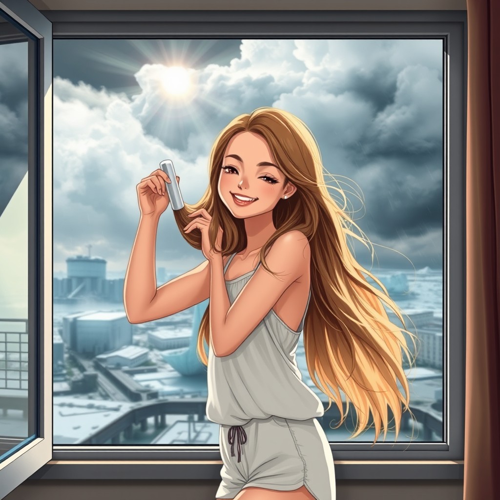 A beautiful girl drying her hair with a sarcastic smile, playfully alluding to climate change due to shifting temperatures