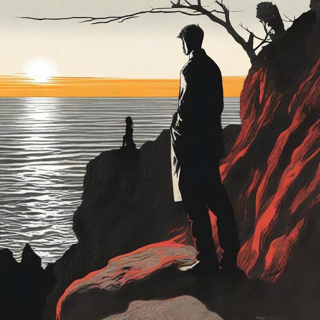 Depict a man in monochrome black and white, standing pensively, contemplating a vividly colored girl. She is side faced, perched on a rocky cliff during the setting sun.