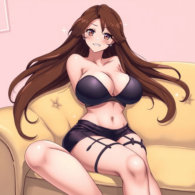 An anime-style illustration of a voluptuous brunette waifu with large breasts and a curvy figure, sitting playfully on a plush couch