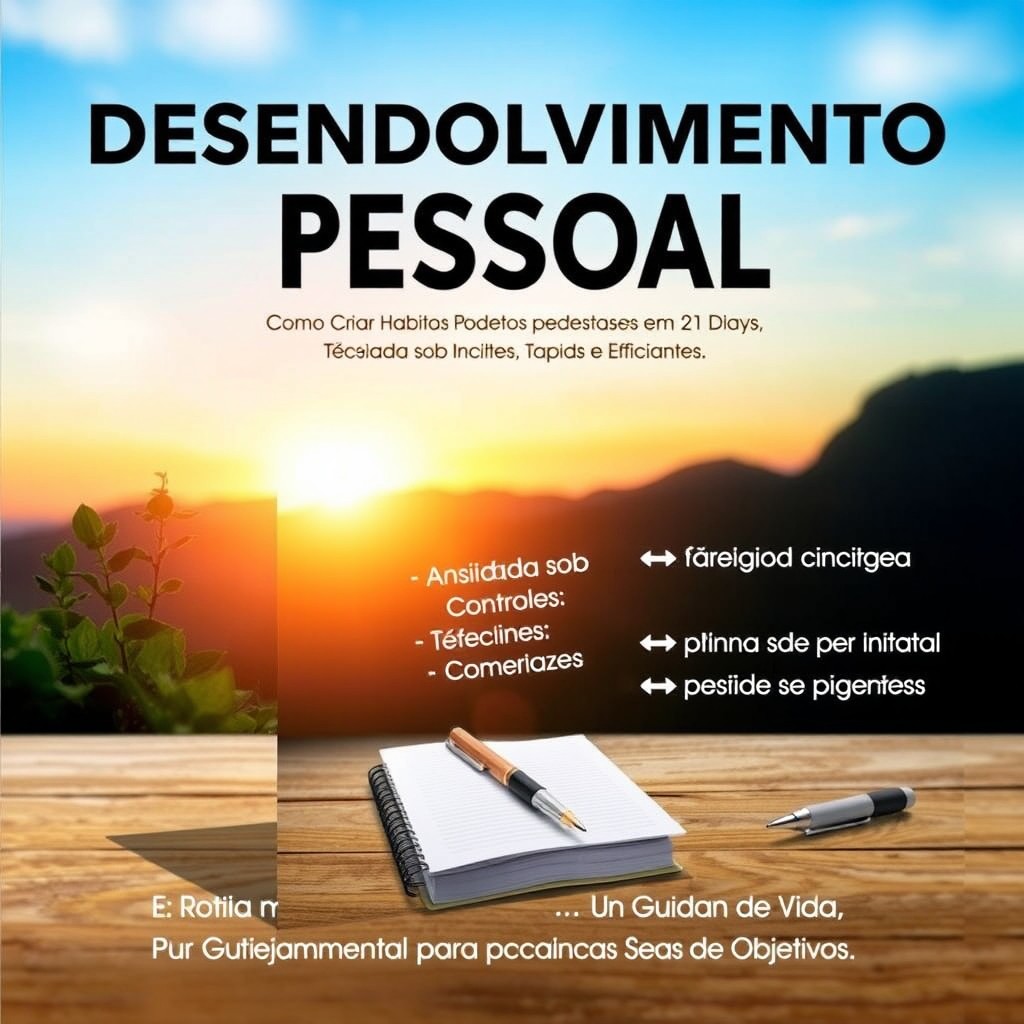 An engaging e-book cover featuring the title 'Desenvolvimento Pessoal' prominently displayed along with the subtitles 'Como Criar Hábitos Poderosos em 21 Dias', 'Ansiedade Sob Controle: Técnicas Rápidas e Eficazes', 'Mindfulness para Iniciantes: Comece Hoje', 'Planejamento de Vida: Um Guia Prático para Alcançar Seus Objetivos', and 'Rotina Matinal de Pessoas de Sucesso'