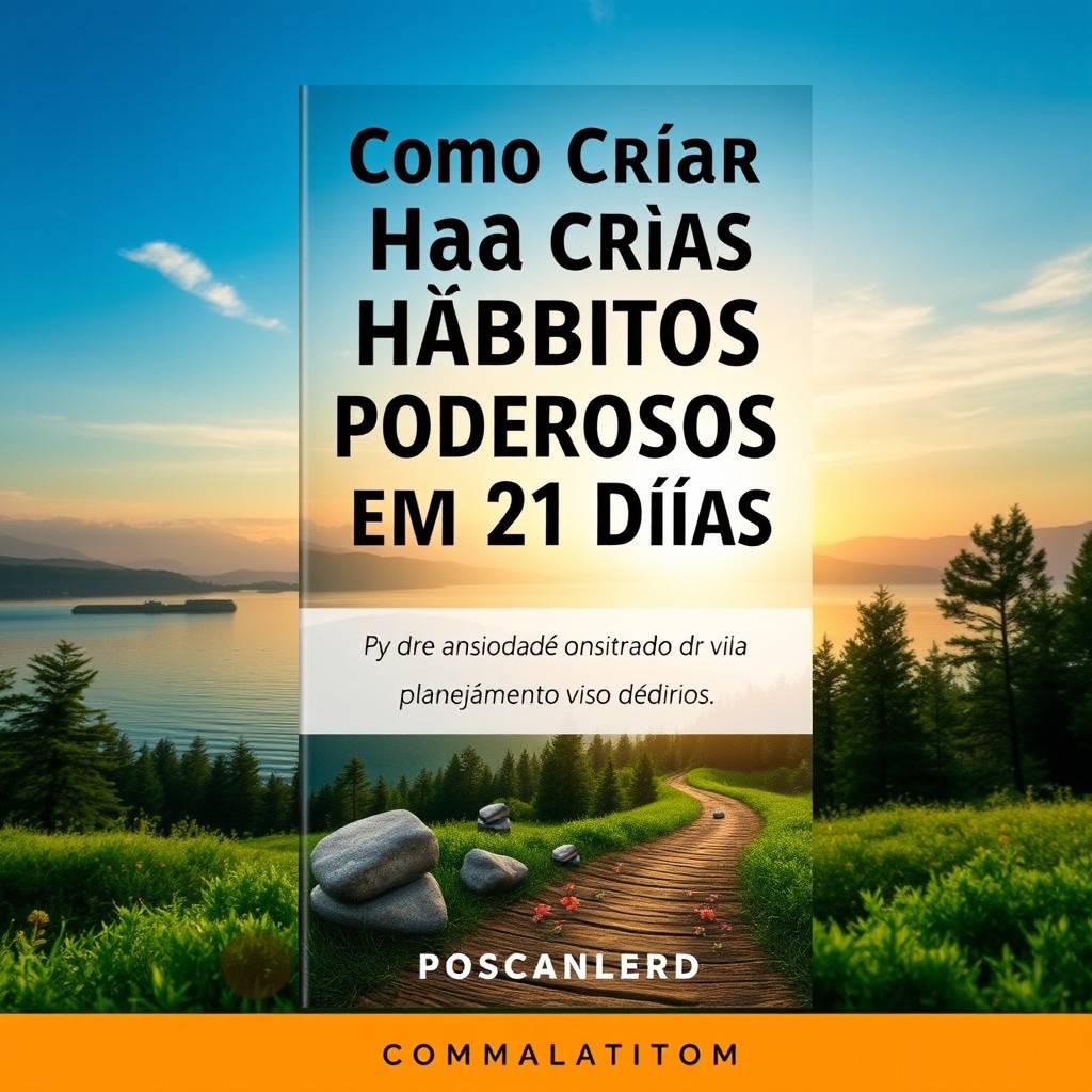A high-resolution e-book cover design centered around personal development, featuring the title 'Como Criar Hábitos Poderosos em 21 Dias' prominently at the top in bold, inviting typography